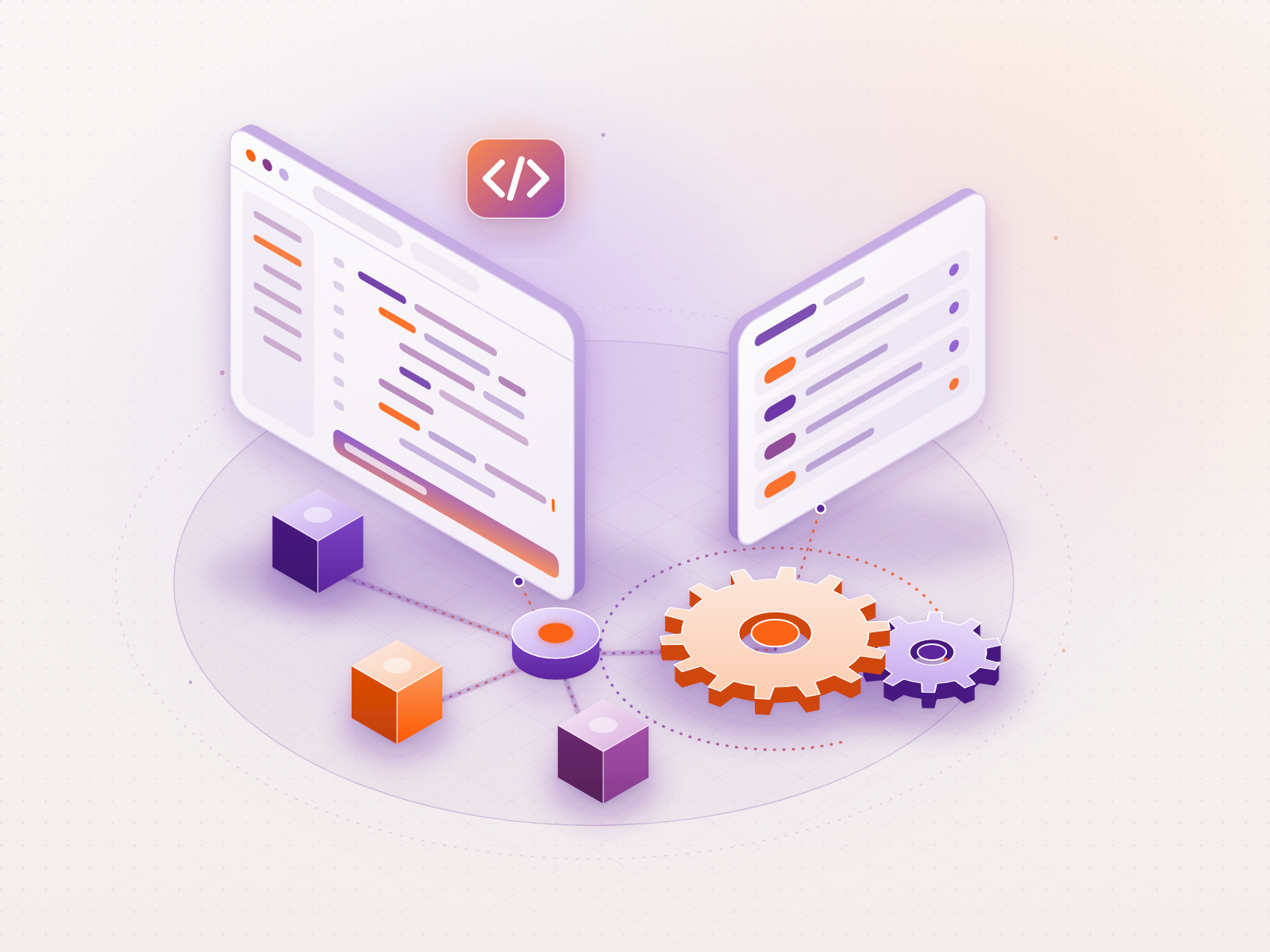 Izometrijska ilustracija razvoja softvera: prozor editora sa blokovima koda, panel sa API servisima, povezani moduli oko centralnog čvora i zupčanici automatizacije